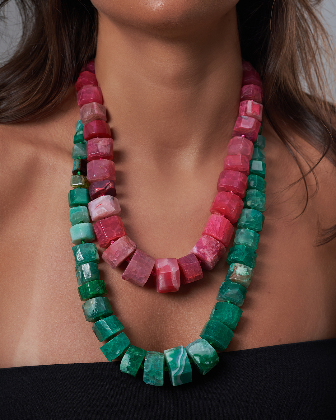 Fuchsia and green necklaces